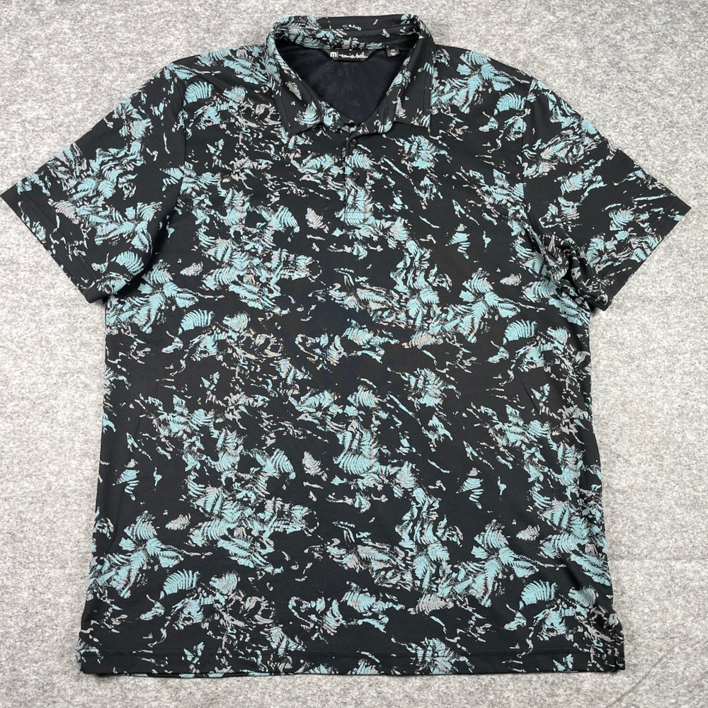 TravisMathew Polo Shirt Mens XXL Black Blue Abstract Fern Print Short Sleeve